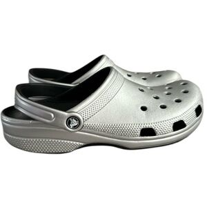 CROCS Classic Clogs Silver Slip On Sandals for Men, Size 9 / Women Size 11.